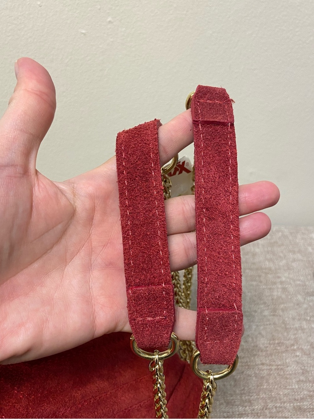 Persaman Red Suede Quilted Crossbody Bag Gold Chain Strap Chevron Flap Shoulder - Picture 10 of 11